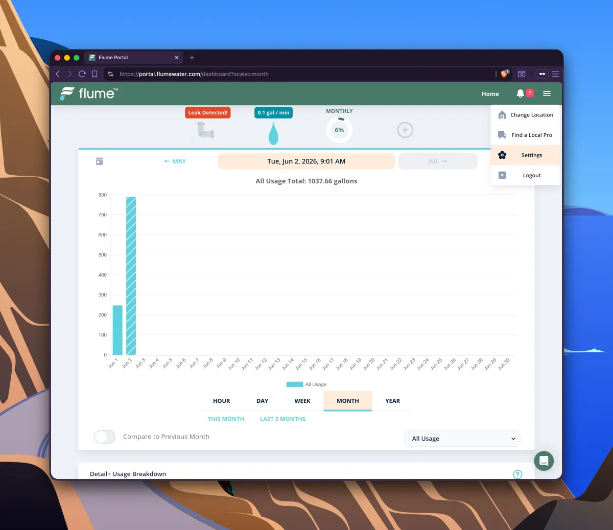 Flume portal dashboard with the top-right menu open and Settings highlighted