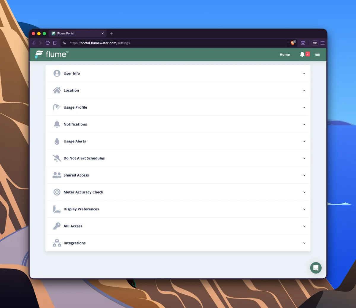 Flume Settings page listing sections including API Access