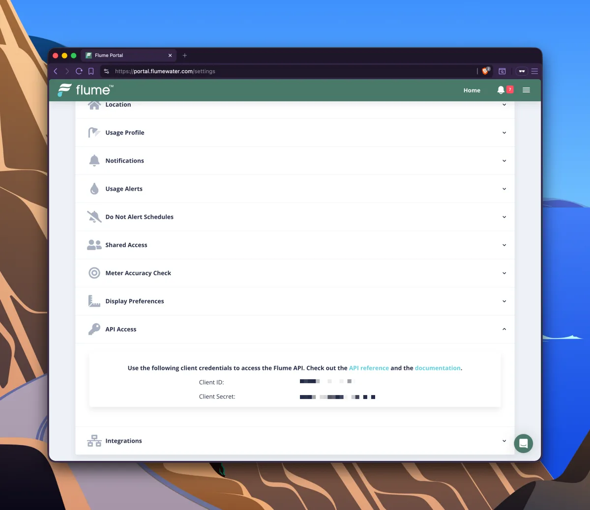 Flume API Access section showing both the Client ID and the revealed Client Secret