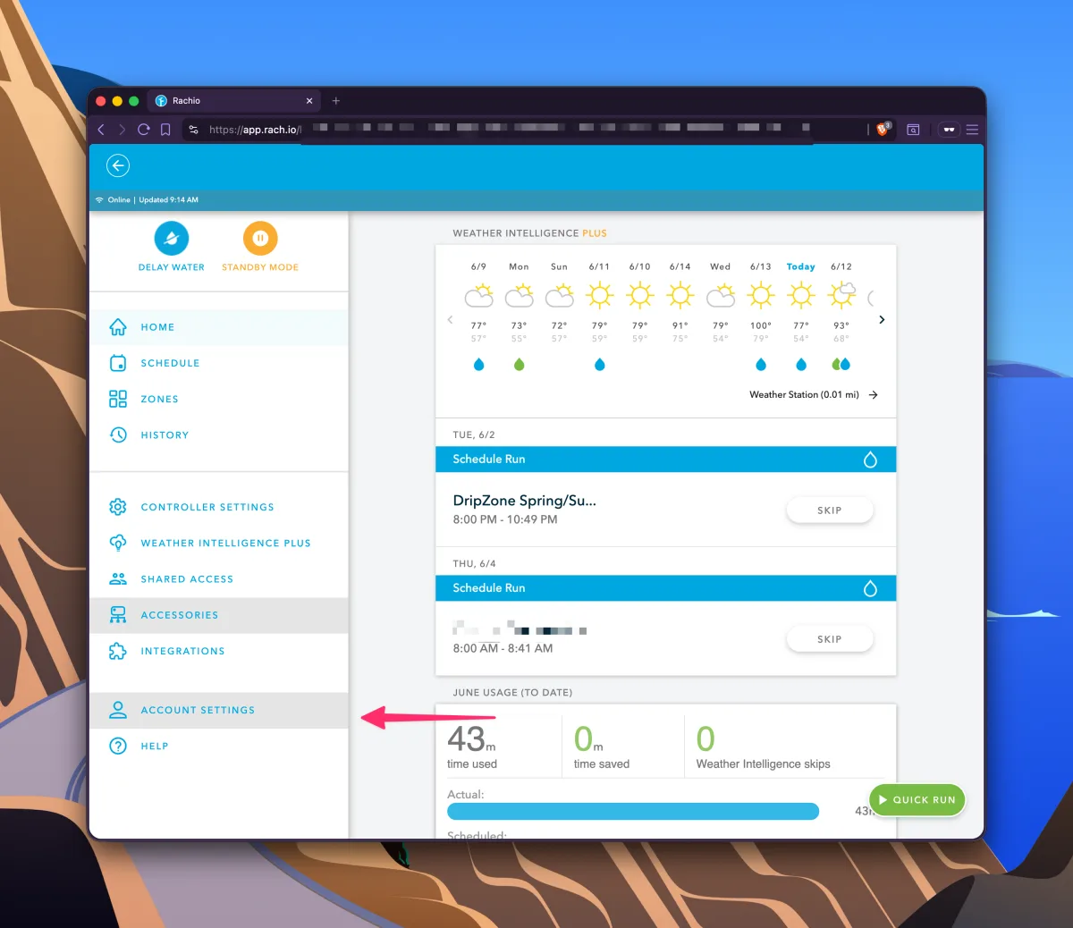 Rachio web app menu with Account Settings highlighted