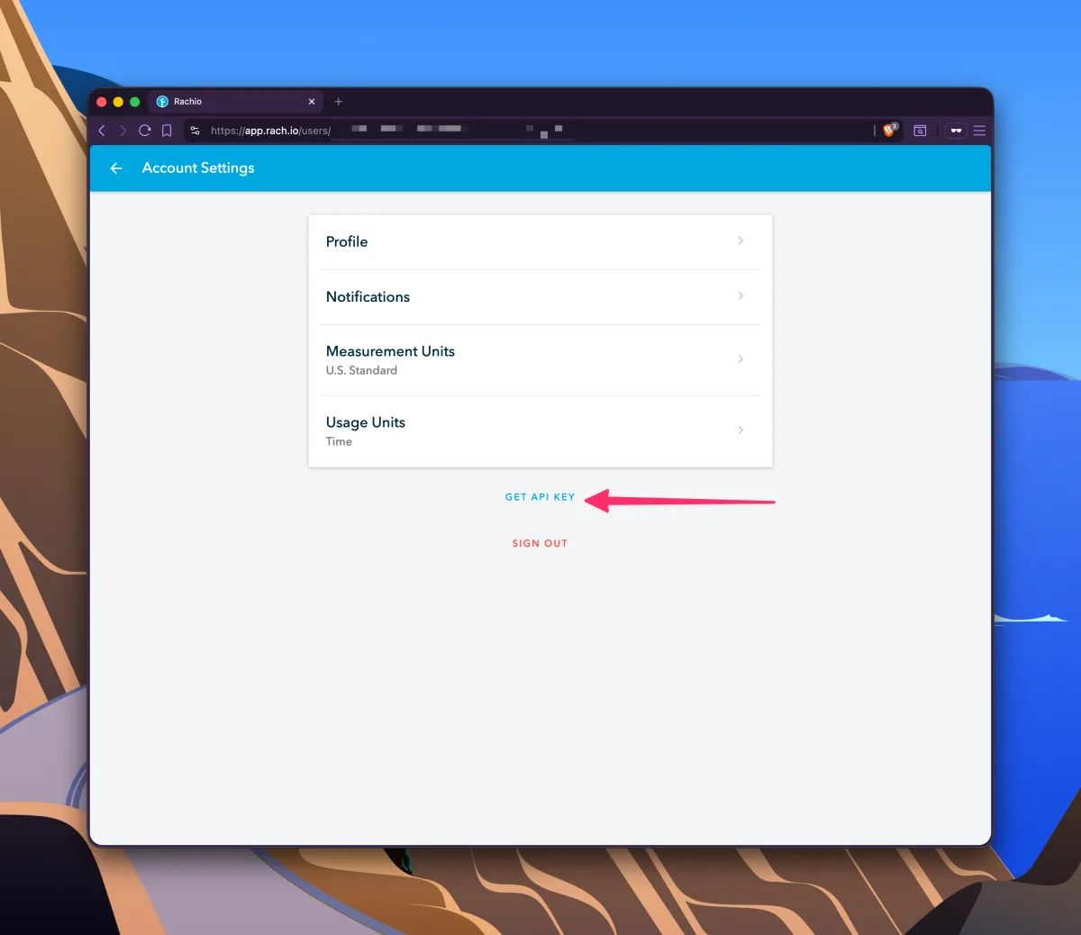 Rachio Account Settings page with the Get API Key link highlighted